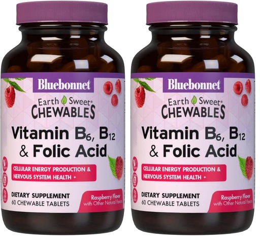 [BRSREADROUJQGDQZ] BlueBonnet Nutrition Earth Sweet Vitamin B6, B12, Plus Folic Acid Chewable Tablets, Vegan, Vegetarian, Gluten Free, Soy Free, Milk Free, Kosher, 60 Chewable Tablets, Raspberry Flavor (Pack of 2)