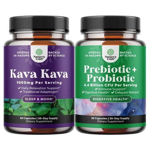 [BRSRGZDYA4JR6HLP] Bundle of Kava Kava Root Extract Supplement 1000mg - Fast Acting Herbal with Kavalactones for Balanced Mood and Prebiotics and Probiotics Gut Health Supplement - Digestive Health Acidophilus Probiotic