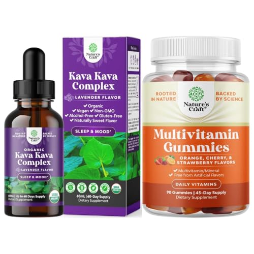 [BRSROCYYAUIB4YDV] Bundle of Potent Liquid Kava Kava Drops Supplement with Kavalactones - Relax Calming Tonic for Stress Relief & Better Sleep & Multivitamin Gummies for Adults - Halal Multivitamin Gummy with B12 Biotin