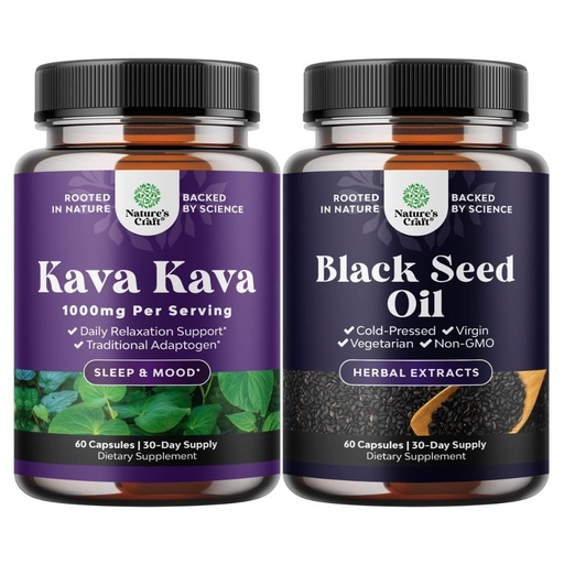 [BRSRGZDYAQFBA3LL] Bundle of Kava Kava Root Extract Supplement 1000mg - Fast Acting Herbal with Kavalactones for Balanced Mood and Vegan Black Seed Oil Capsules - Cold Pressed Nigella Sativa Black Cumin Seed Oil
