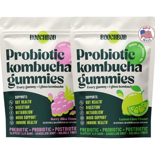 [BRSRGAQYCUAREF3K] BoochBod - Probiotic Kombucha Gummy - Prebiotics, Probiotics, Postbiotics, Fiber Supplement, Slippery Elm, Dandelion Root, MCT Oil, for Bloating, Gut Health - Berry Bliss | Lemon Lime - Bundle & Save