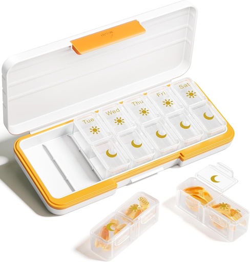 [BRSROBQCBECQ2ALX] AM PM Pill Organizer 2 Times A Day, 7 Day Pill Box Weekly Pill Organizer Travel with Separate Container, Portable Daily Medicine Planner Dispenser Case for Vitamin, Fish Oils, Supplements（Beige）