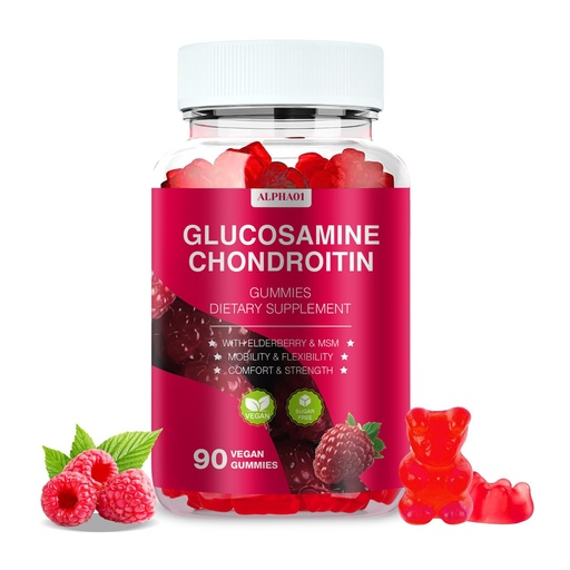 [BRSRAGIHDFYQYE37] Glucosamine Chondroitin Gummies - 3000MG Extra Strength Joint Support Supplement with MSM & Elderberry, Flexibility, Antioxidant Immune Support Gummy for Adults, Men & Women - 90 Raspberry Gummies