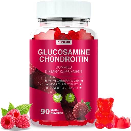 [BRSRAGIHDFYQYE37] Glucosamine Chondroitin Gummies - 3000MG Extra Strength Joint Support Supplement with MSM & Elderberry, Flexibility, Antioxidant Immune Support Gummy for Adults, Men &amp; Women - 90 Raspberry Gummies