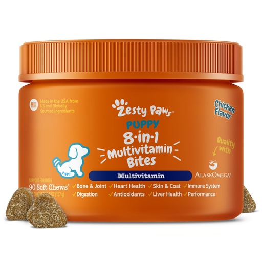 [BRSW2BQ7O5YAYD3A] Zesty Paws Dog Multivitamin, Chewable Dog Vitamins and Supplements for Hip & Joints, Skin & Coat, Omega 3 Fish Oil for Dogs- Puppy Multivitamin - Chicken Puppy Bites- 90ct