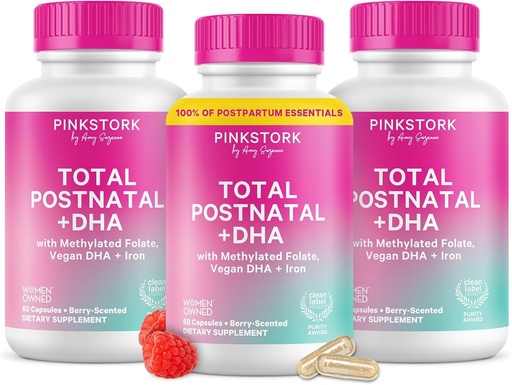 [BRSRABQTO4IA4HLH] Pink Stork Total Postnatal Vitamins for Women with Vegan DHA, Iron, Folate, and Vitamin B12, Postpartum Recovery Essentials, Daily Supplement for Breastfeeding Moms - 3 Month Supply