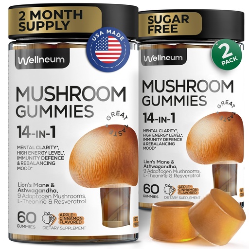 [BRSROCDQCMBWGD3P] Mushroom Gummies120 Pcs (2 Pack) - Lion's Mane and 9 Adaptogenic Mushrooms Blend - Ashwagandha, L-Theanine - Mushroom Gummies for Energy, Immunity, Focus, Brain Boost - No Sugar and GMO