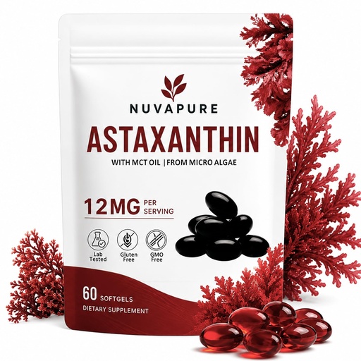 [BRSRYZYDBN4BUGTG] NuvaPure Astaxanthin, 12mg with MCT Oil, Antioxidants Supplement, Supports for Eye &Joint & Skin Health, 60 Softgels