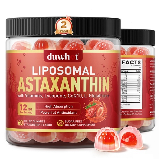 [BRSRGAYRCQNBMFLK] Liposomal Astaxanthin Gummies, Organic Astaxanthin 12mg Supplements with Lycopene, Glutathione for Powerful Antioxidant, Plus Vitamins & CoQ10 for Eye, Skin & Immune Health, Sugar Free, Vegan, 120