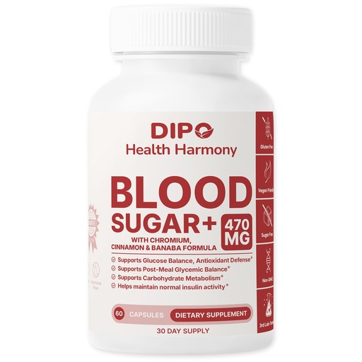 [BRSREC3ROYCQI2A6] DIPO Blood Sugar Plus - Multi-Vitamin with Biotin, Chromium, Cinnamon, Banaba Extract & Alpha Lipoic Acid - Glucose & Carbohydrate Metabolism Support - 60 Vegan Capsules, Non-GMO
