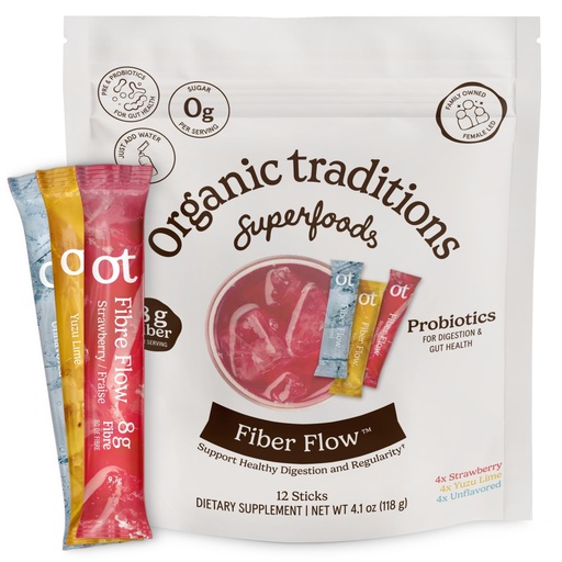 [BRSREBQ5BZ5QKC3V] Organic Traditions Fiber Flow Variety Pack, Daily Fiber Supplement Sticks with Acacia, Chicory Root Inulin, One Billion CFU Probiotics, Mixed Flavors Strawberry Yuzu Lime Unflavoured, 12 Count