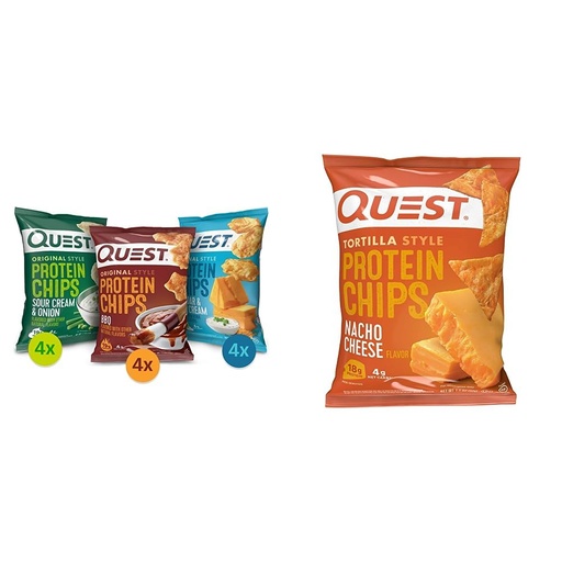 [BRSROFI7CB4B6AD4] Quest Nutrition Protein Chips Variety Pack (BBQ, Cheddar & Sour Cream, Sour Cream & Onion) and Quest Nacho Cheese Tortilla Style Protein Chips