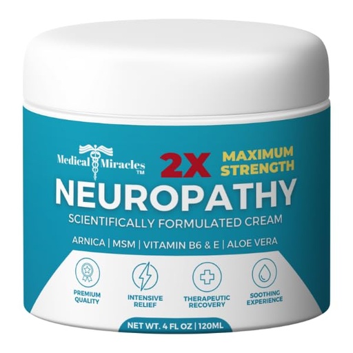 [BRSRAZQOCUFQ42TB] Medical Miracles Neuropathy Cream 2X Strength | Nerve Therapy Max Potency Relief for Feet, Hands, Legs, Toes - Arnica, Vitamin B6, Aloe Vera, MSM - Crafted for Exceptional Relief 4oz