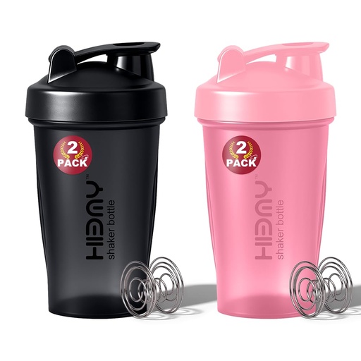 [BRSRECYEDINB6CA3] [ 2 Pack 400 ml / 12 OZ Protein Shaker Bottles for Protein Mixes, 2 x Whisk Ball | Shaker Cups for Protein Shakes | BPA Free, 100% Leak Proof, No Smell | Small Shake Bottle (E) Black/Pink
