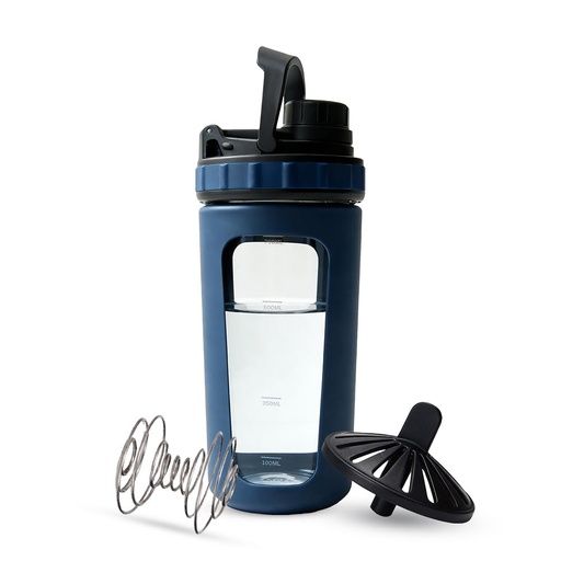[BRSRGGQ3B4BAIADA] 26oz Glass Protein Shaker Bottle, Stainless Steel Mixing Ball & Silicone Sleeve, Odorless, Leak-Proof, BPA-Free, Ideal for Smoothies & Workout Drinks (Steel Blue)