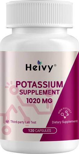 [BRSREEIHB4BBYCQU] Heivy Potassium Supplement 1020 mg, Potassium Bicarbonate, Supports Electrolyte Balance, Muscle Function & Daily Body Wellness, Made in USA, Gluten Free, Non-GMO, 120 Vegetarian Capsules
