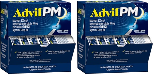 [BRSRGGQKAANQ2HLH] Advil PM Pain Reliever and Nighttime Sleep Aid,Pain Medicine with Ibuprofen for-Pain Relief and Diphenhydramine Citrate for a Sleep Aid - 2 Coated Caplets,(Pack of 100)