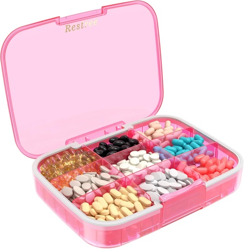[BRSROEIPOABQI3D6] Restree Large Pill Organizer, Moisture Proof & Waterproof Travel Pill Case, Portable Medication Box with Adjustable Dividers for Vitamins Supplements Fish Oil and Daily Pills 9 Compartments (Pink)