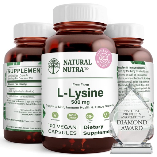 [BRSWGEAEBF6RY3T3] Natural Nutra L-Lysine HCl 500mg – Non-GMO, Vegan Amino Acid Supplement, Supports Immune Health & Collagen Production, 100 Capsules