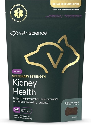 [BRSRYZL7OINGYELA] Vetriscience Renal Essentials PRO Veterinary Strength Kidney Health for All Dogs & Cats Chicken Flavor Chews 60 ct.