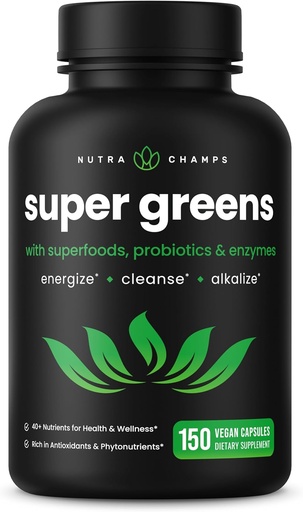 [BRSRMCA6CJ6RS3L4] NutraChamps Organic Super Greens Capsules - Alfalfa, Spirulina, Chlorella & More - Antioxidant, Digestive Enzyme & Probiotic Blends - 150 Green Superfood Capsules