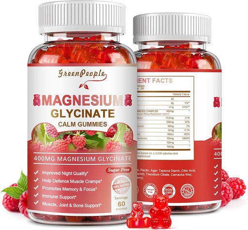 [BRSRMAL4BEPAOAIZ] GREENPEOPLE Magnezyum Glycinate Gummies 400 mg - Sugar Free P Magnezyumyumu Magnezyum Malate, Vitamin D, B6 ve CoQ10 Calm Desteği ve Yetişkinler için Uyku - Raspberry Gummies