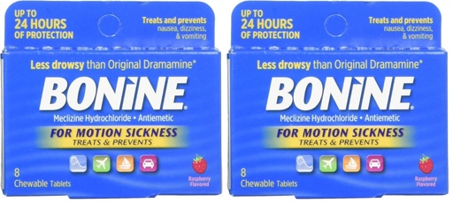 [BRSRAY35DMDQMGTD] Bonine for Motion Sickness Chewable Tablets, Raspberry Flavored, 8 Each (Pack of 2)