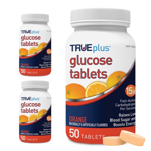 [BRSWIFAMBAGRUEIV] TRUEplus Glucose Tablets, Chewable, Orange Flavor, 15g Fast-Acting Carbohydrates, Fat Free, Gluten Free, Boost Energy, 50 Count, 3 Bottles