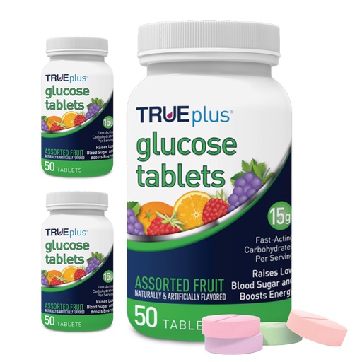[BRSWYYY2OUFRA23J] TRUEplus Glucose Tablets, Chewable, Grape, Raspberry, Orange Flavors, 15g Fast-Acting Carbohydrates, Fat Free, Gluten Free, Boost Energy, 50 Count