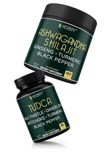 [BRSRYZYKC4IA2YDH] Herbpy Bundle 5in1 Ashwagandha Supplements 1010mg/serving (120 Count 60 Servings) & 6in1 Tudca Supplement 755mg/serving (60 Count 60 Servings)