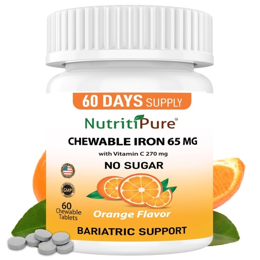 [BRSWGYAHDINAGAY6] Chewable Carbonyl Iron 65mg with 270mg Vitamin C – Bariatric Friendly Tablet (Non-Gummy), Sugar-Free Orange Flavor - Iron Supplement – 60 Tablets (60 Day Supply)