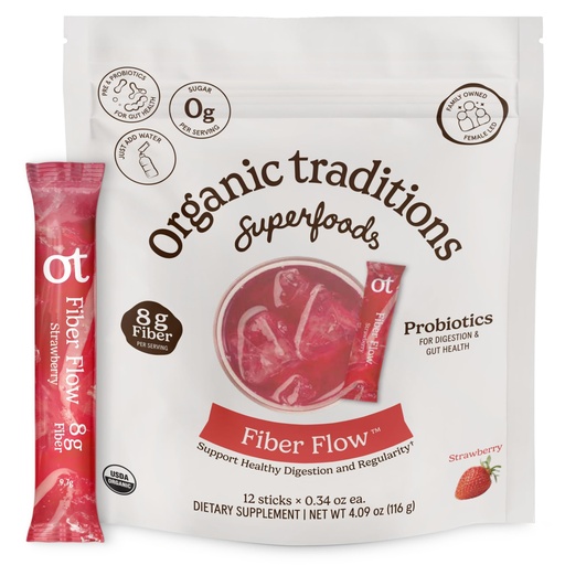 [BRSREBQ5B4CB4EQU] Organic Traditions Fiber Flow Strawberry, Daily Fiber Supplement Sticks With Acacia, Chicory Root Inulin, One Billion CFU Probiotics, Strawberry Flavored, Prebiotic Daily Drink, 12 Count