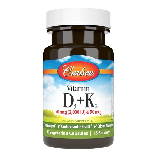 [BRSWGYAEBB7RMEY3] Carlson - Vitamin D3 + K2, 50 mcg (2000 IU) Vitamin D3 & 90 mcg Vitamin K2 as MK7, Bone Support, Calcium Absorption, 30 Capsules