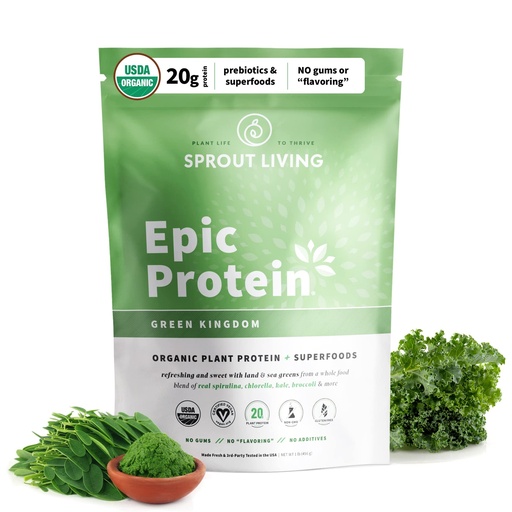 [BRSWKHD6AUBAGFYV] Sprout Living Epic Protein, Plant Based Protein & Superfoods Powder, Green Kingdom | 20 Grams Organic Protein Powder, Greens, Vegan, Non Dairy, Non-GMO, Gluten Free, Low Sugar (1 Pound, 12 Servings)