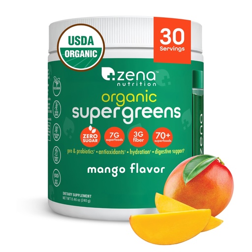 [BRSRAAIKAUIRM23V] Zena Nutrition Organic Super Greens Powder, 70+ Superfoods, 0 Sugar, 3G Fiber, Spirulina, Chlorella, Mushrooms, Prebiotics/Probiotics, Digestive Enzymes for Gut Health, Mango, 30 Servings