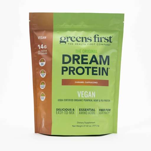 [BRSRABIQOJYAOFAY] Greens First Dream Protein Plant-Based Vegan Powder - USDA Organic Pumpkin, Hemp & Pea Protein - Gluten-Free, Non-GMO, No Added Sugar (Caramel Cappuccino, 27.42 oz)