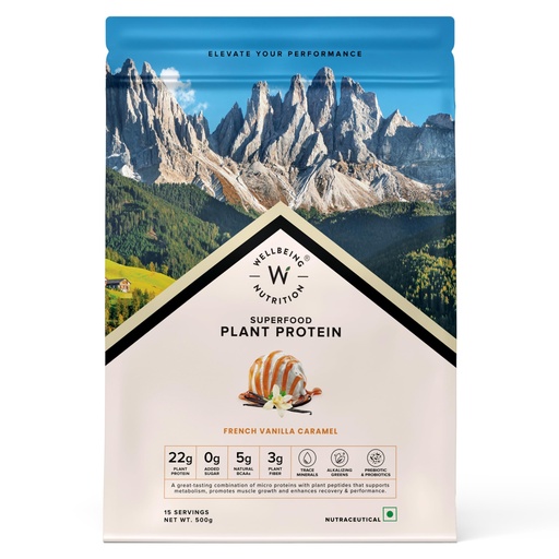 [BRSRMYL5CACGCGTG] WELLBEING NUTRITION Organic Vegan Plant Protein Isolate Powder | 22g Protein, 5g BCAA | Prebiotics & 3B CFU Probiotics | No Bloating | Easy to Digest | French Vanilla Caramel- 500gm
