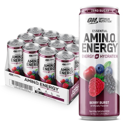 [BRSROAYCCJYGCGYV] Optimum Nutrition Amino Energy Sparkling Hydration Drink, Electrolytes, Caffeine, Amino Acids, BCAAs, Sugar Free, Berry Burst, 12 Fl Oz, 12 Pack