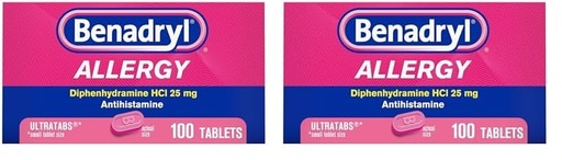 [BRSREFQLBAMQM2TD] Benadryl Ultratabs Allergy Medicine,25 mg Diphenhydramine HCl Antihistamine Tablets for Cold & Allergy Relief of Symptoms Like Sneezing,Runny Nose,Itchy Eyes & Throat,Hay Fever,100 Count (Pack of 2)
