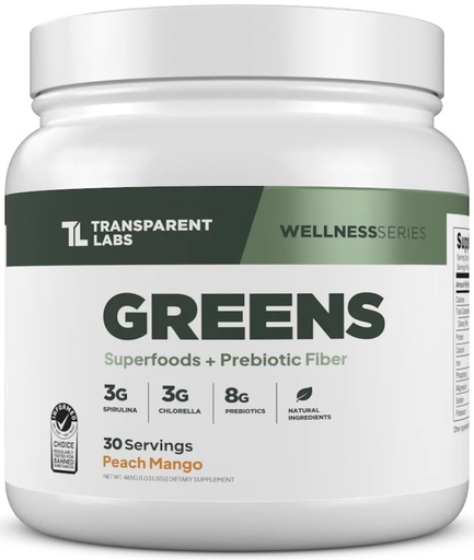 [BRSROBARDJYGA3LO] Transparent Labs Prebiotic Greens - Superfood Powder & Antioxidants Supplement with Organic Spirulina, Chloerra, Acacia, & Green Banana Powder - 30 Servings, Peach Mango