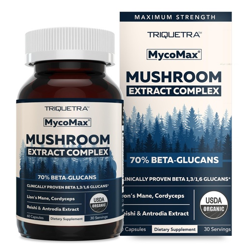 [BRSRAZYECIPQIYLG] MycoMax Mushroom Complex - 70% Beta Glucans, Max Potency Mushroom Supplement, US Grown + Ultrasonic Extraction - Lions Mane, Cordyceps, Reishi & More - Cognition, Immunity, Energy - 60 capsules
