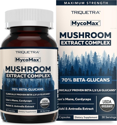 [BRSRAZYECIPQIYLG] MycoMax Mushroom Complex - 70% Beta Glucans, Max Potency Mushroom Supplement, US Grown + Ultrasonic Extraction - Lions Mane, Cordyceps, Reishi & More - Odporność, Energia - 60 kapsułek