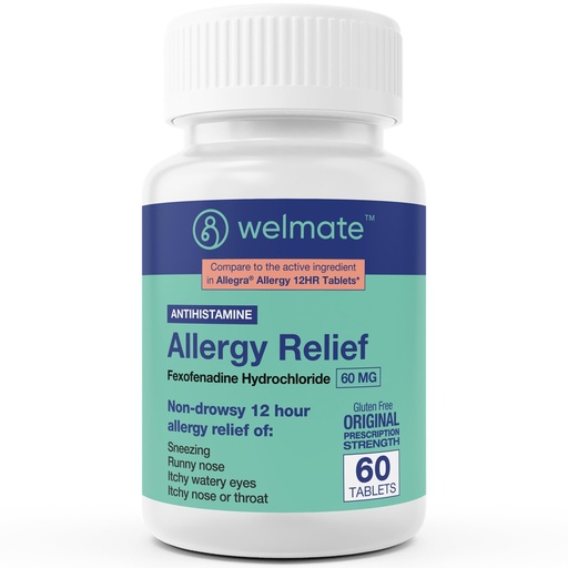 [BRSRABT6BUBWEHLG] WELMATE - Fexofenadine Hydrochloride 60mg (60 Tablets) - Non Drowsy Allergy Medicine - 12 Hours - Antihistamine - Nose, Eyes, Throat - Generic Allergy Pills - Gluten Free - Over-the-Counter Medication
