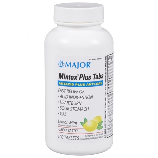 [BRSWGYATAF4A2FIZ] MAJOR Mintox Plus Tabs - Antacid Plus Anti-Gas Tablets - Helps Quickly Relieve Acid Indigestion, Heartburn, Sour Stomach, and Gas - Lemon Mint Flavored - 100 Count (1 Pack)