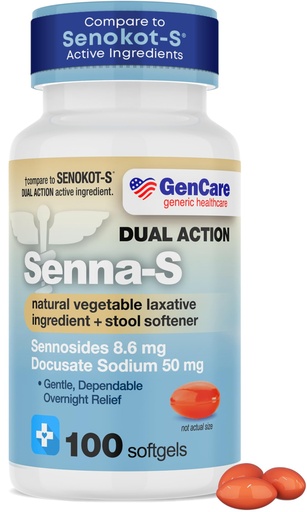 [BRSREFABAQNRSA35] GenCare Senna-S – 100 Softgels – 8.6 mg Senna Tablets with 50 mg Docusate Sodium Stool Softener for Women & Men – Stimulant Laxative for Occasional Constipation Relief – Generic for Senakot-S