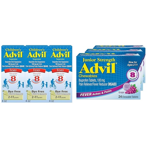 [BRSRAY33PNYQM2A6] Advil Children's Pain Reliever and Fever Reducer, Dye Free Liquid Ibuprofen for Children (Pack of 3) and Advil Junior Strength Chewable Ibuprofen Pain Reliever and Fever Reducer, Grape Flavored Tablets for Children (Pack of 3)