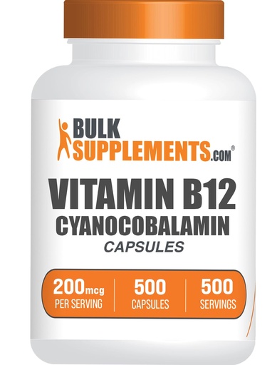 [BRSROGI6B57R63DZ] BulkSupplements.com Vitamin B12 Capsules - as Cyanocobalamin, Vitamin B Supplement, Vitamin B12 200 mcg - Energy Vitamins, Gluten Free, 1 Capsule per Serving, 500 Capsules (Pack of 1)