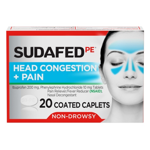 [BRSWGAIPBUAQ42D7] Sudafed PE Non-Drowsy Head Congestion + Pain Relief Caplets with Ibuprofen 200 mg & Phenylephrine HCl 10 mg, Nasal Decongestant & NSAID Pain Reliever & Fever Reducer, 20 ct