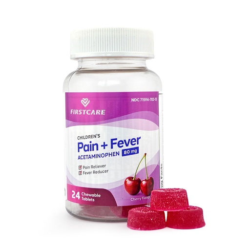 [BRSRGCYLARYWOE33] FirstCare Children’s Pain Reliever & Fever Reducer, Gummy-Like Soft Chewable Tablets, Easy-to-Take Acetaminophen 80 mg for Kids Ages 2–11, Cherry Flavor, 24 Count