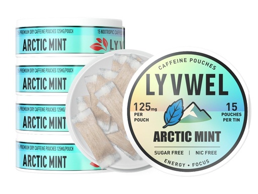 [BRSREHY5CJYBODTJ] LyvWel 125mg Caffeine Pouches, Guarana-Powered Energy Pouches, Nootropic Pouches, Nicotine Free Pouches & Tobacco-Free, 75 Total Pouches, 5 Pack, Arctic Mint